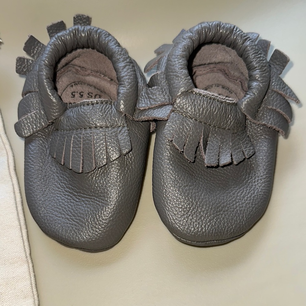Bird Rock Baby Gray Fringe Moccasins